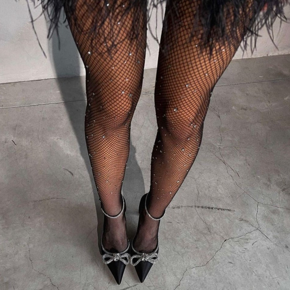 Medias Glam Cerradas- Medias negras de malla con brillos