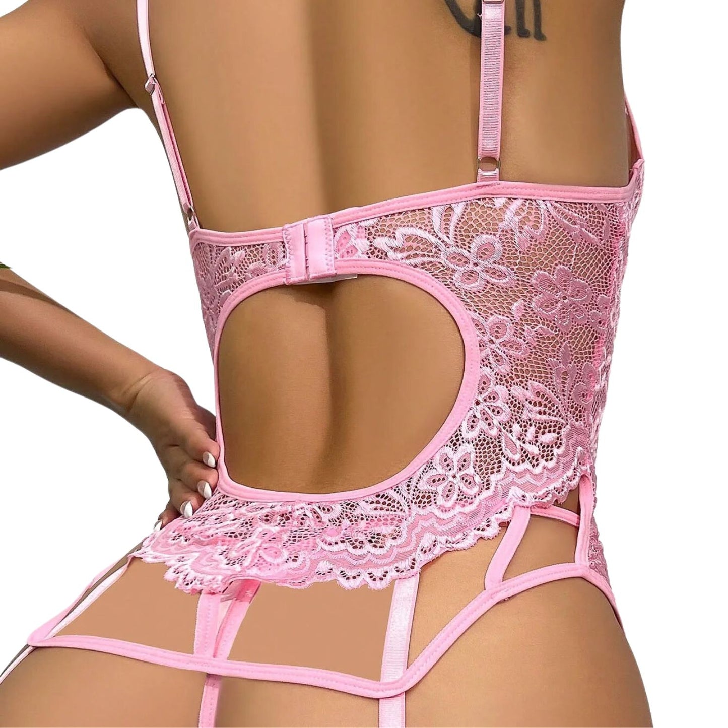 Atenea Conjunto de lencería con abertura entre pierna color Rosa Ajustable