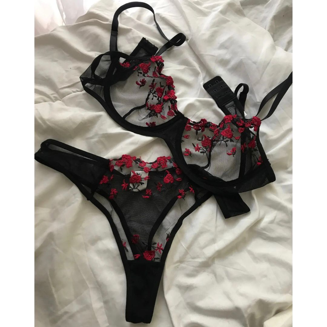 Miranda Conjunto de Lecería Floral Negro con rojo