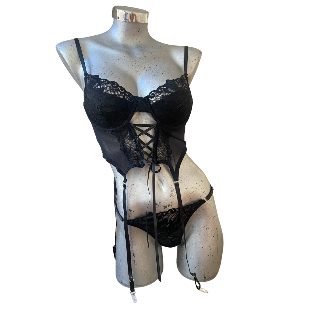 marca carrete digestión Conjunto de lencería negra con encaje sexy corset – Corsé Lencería