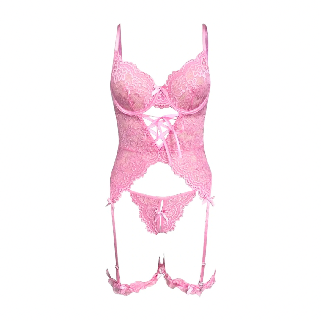 Atenea Conjunto de lencería con abertura entre pierna color Rosa Ajustable