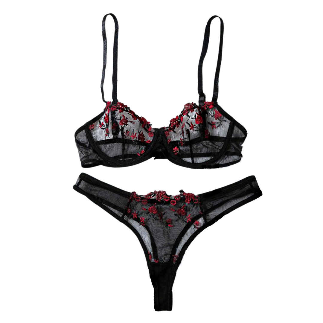 Miranda Conjunto de Lecería Floral Negro con rojo