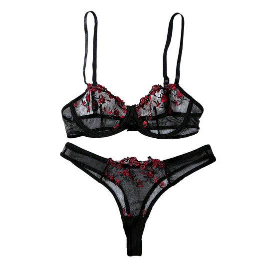 Miranda Conjunto de Lecería Floral Negro con rojo