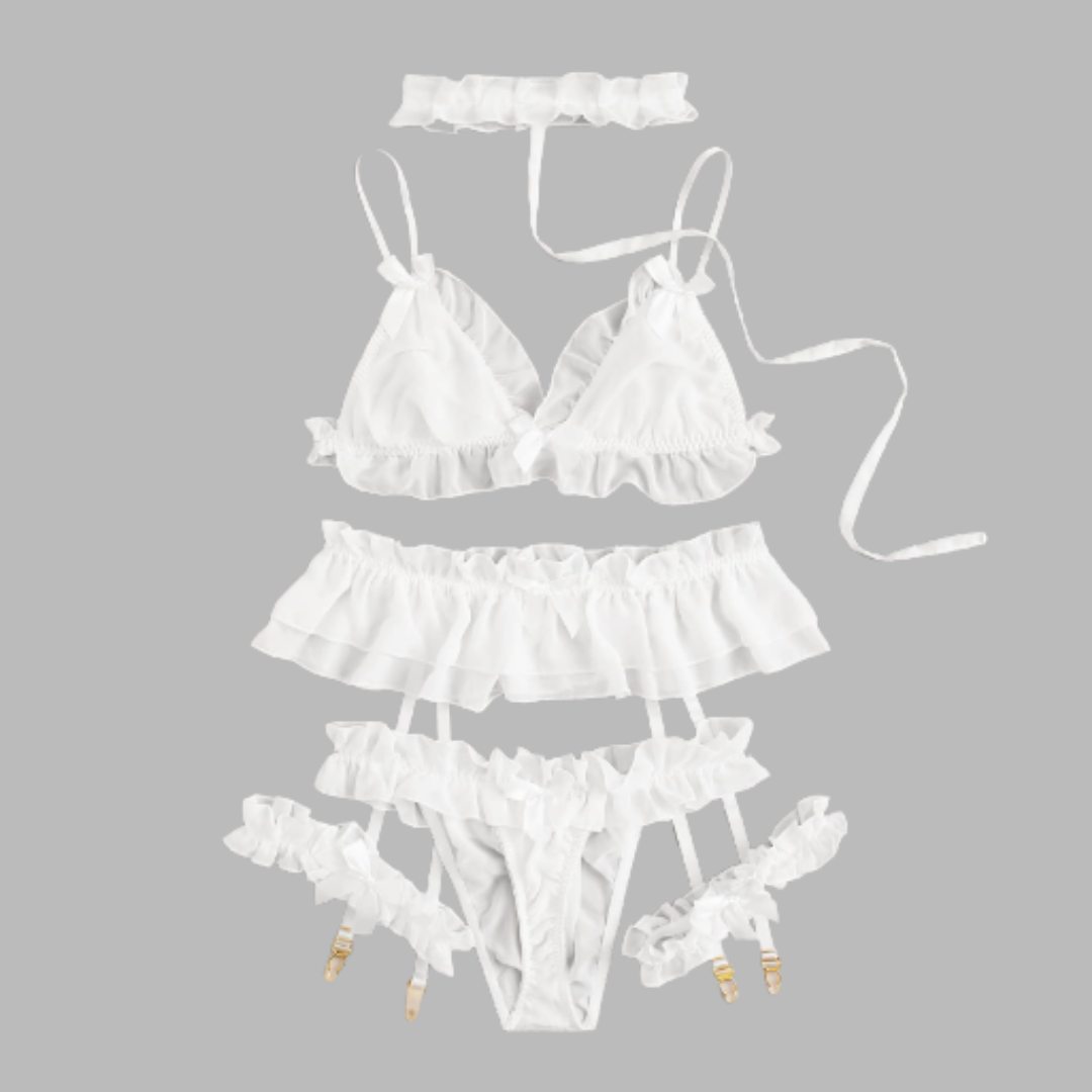 Godess Conjunto de Lencería 6 Piezas con liguero Kawaii Blanco