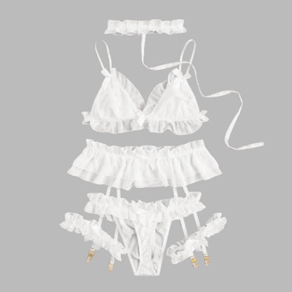 Godess Conjunto de Lencería 6 Piezas con liguero Kawaii Blanco