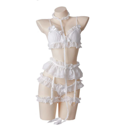 Godess Conjunto de Lencería 6 Piezas con liguero Kawaii Blanco