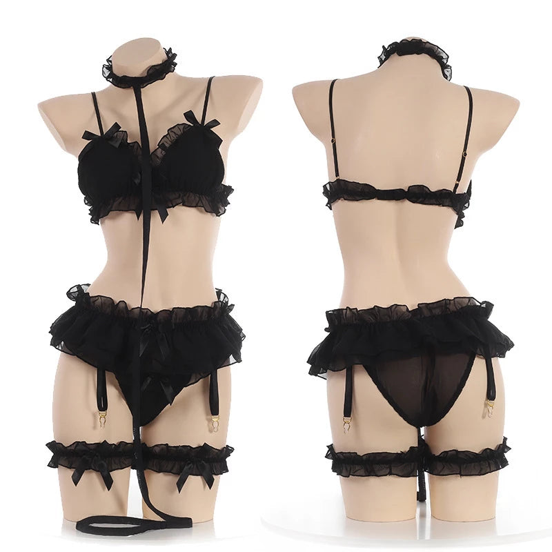 Godess Conjunto de Lencería 6 Piezas con liguero Kawaii Negro
